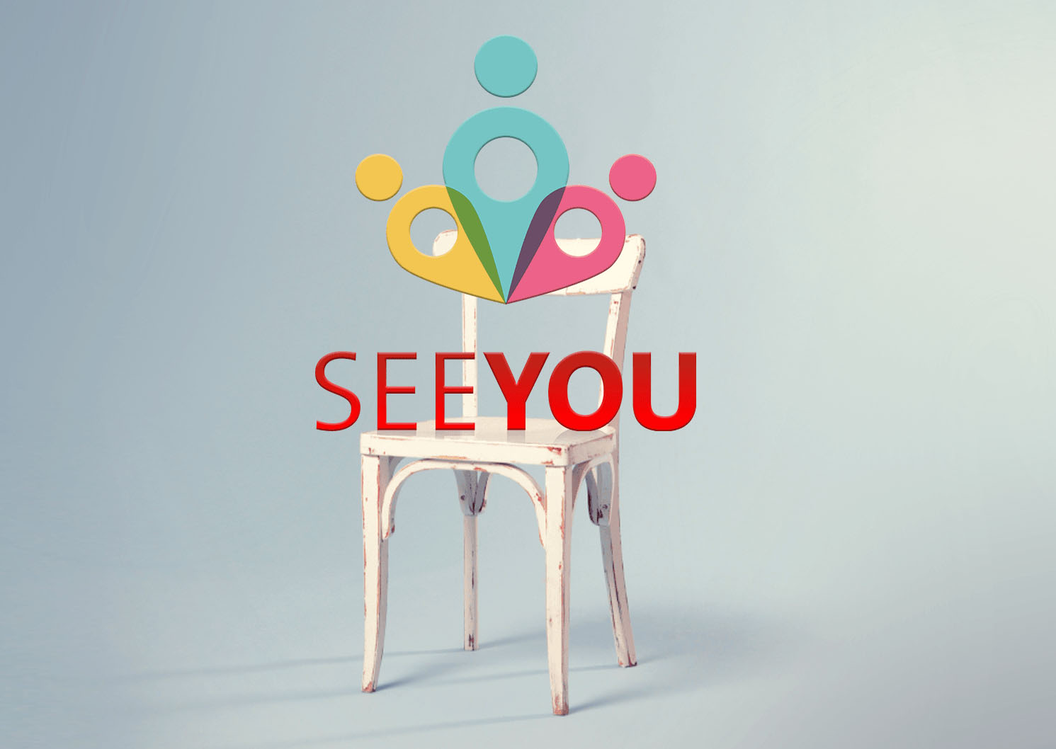 A white chair with the text "See you" placed above the seat.