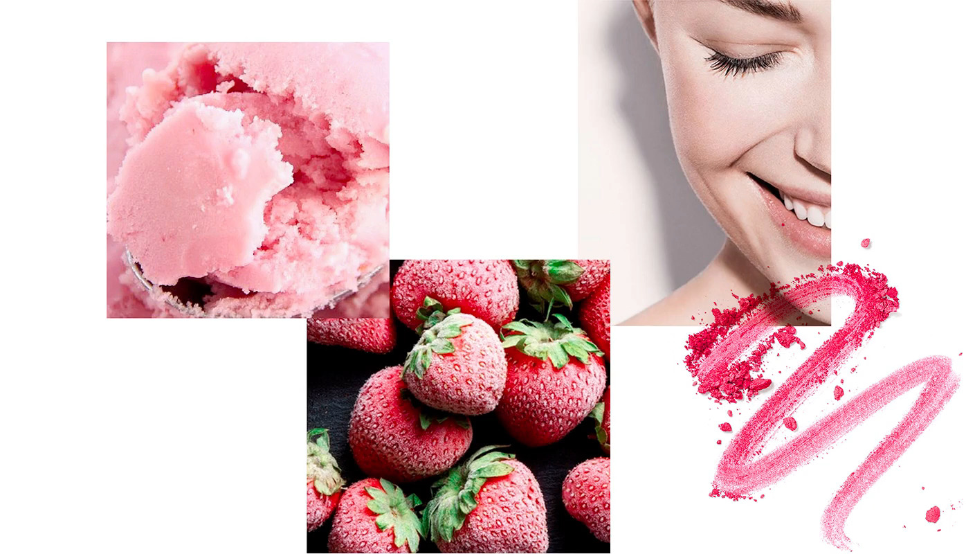 Collage einer Eiskugel, gefrorenen Erdbeeren und dem Gesicht einer lachenden Frau – alles im Farbton rosa gehalten. 
