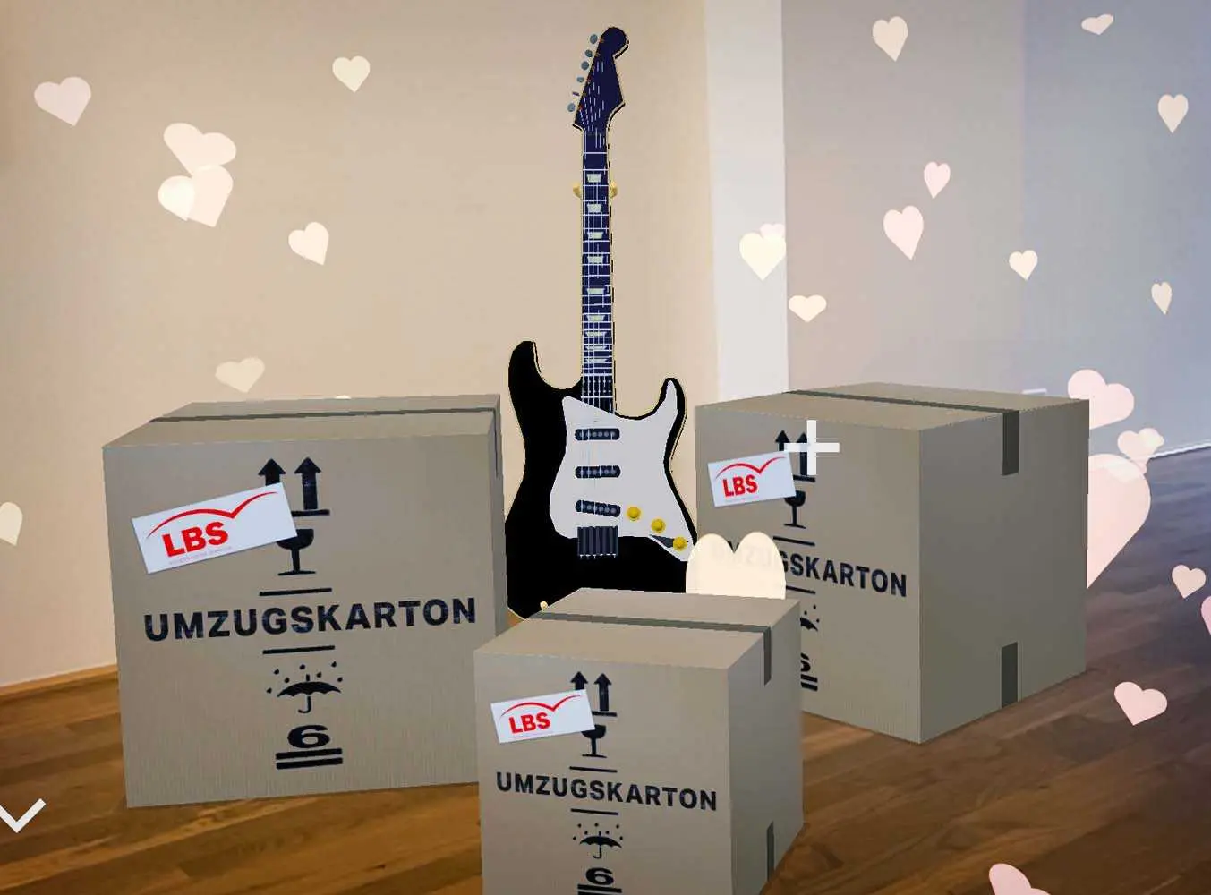 A room with a white wall and parquet floor. On the floor are augmented reality representations of three cardboard boxes and an electronic guitar created by a user with the See You app. Floating in the room are hearts that were also generated using the app.