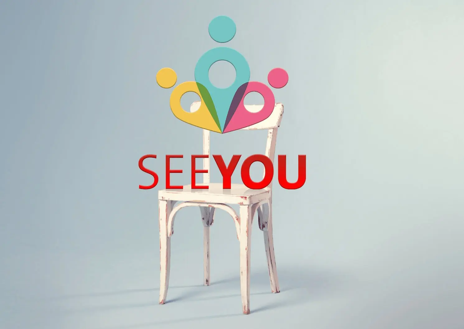 A white chair with the text "See you" placed above the seat.