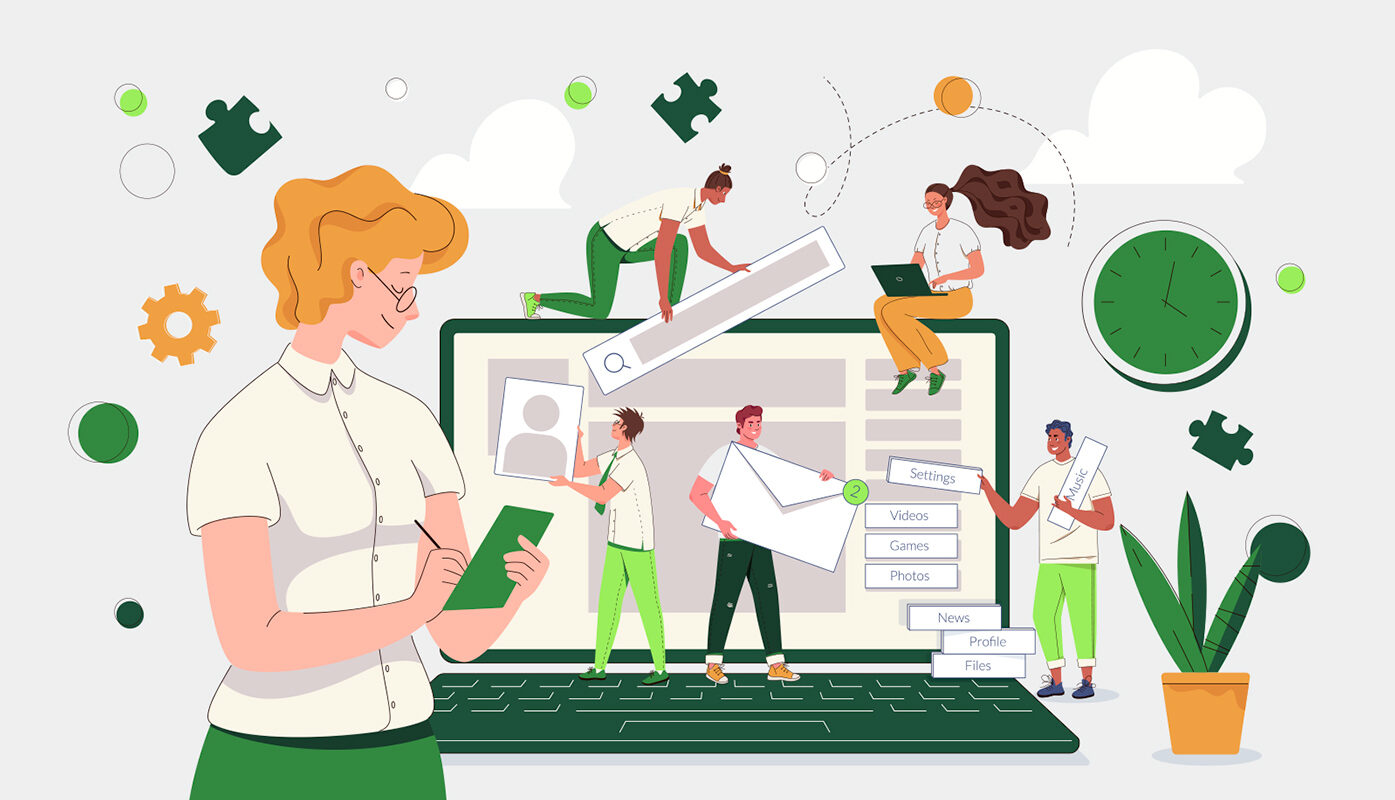 Illustration with an open laptop in focus. Several people of different heights are positioned around the laptop. They represent collaboration in a team.