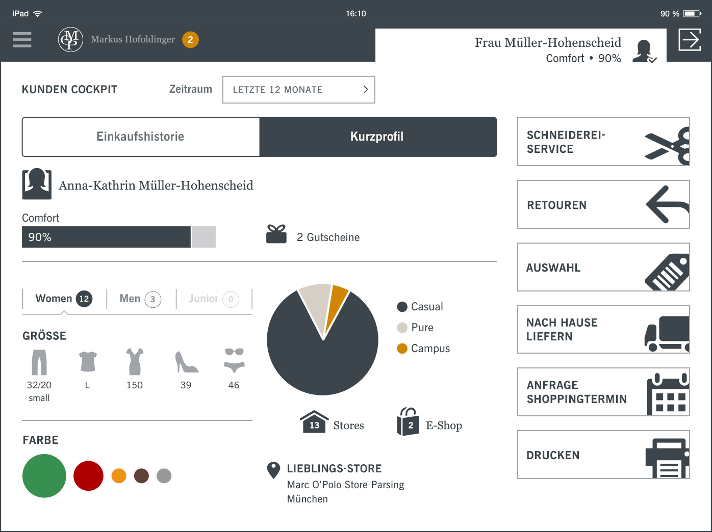 Display of the customer cockpit (dashboard) of a logged-in customer with her customer profile on clothing preferences