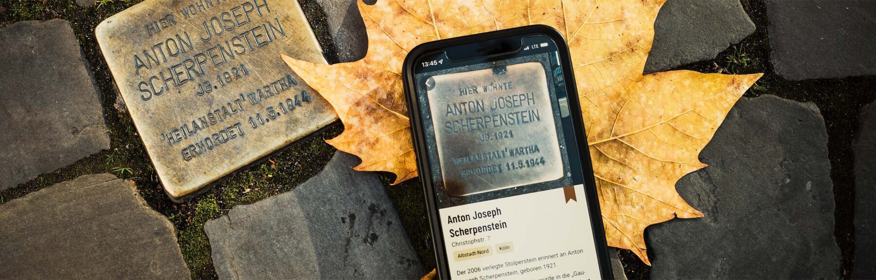 A smartphone with the Stumbling Stones app lies on the corresponding Stumbling Stone on a sidewalk. The stumbling stone bears the inscription: Anton Joseph Scherpenstein lived here, born 1921, Wartha sanatorium, murdered 11.4.1944