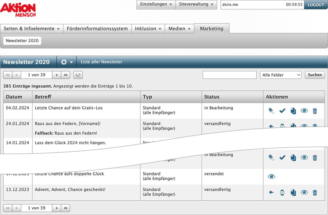 List view in the newsletter content management system