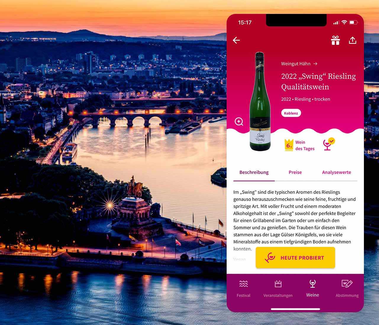 Darstellung der Detailansicht eines Weines in der App. Im Hintergrund ist eine Luftaufnahme des Deutsche Ecks in Koblenz bei Dämmerung.