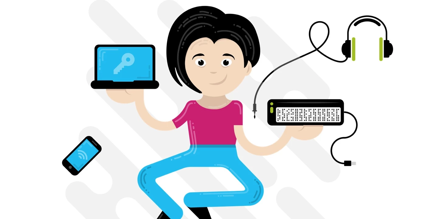 Illustration of a person with various devices around them: laptop, smartphone, Braille display, headphones