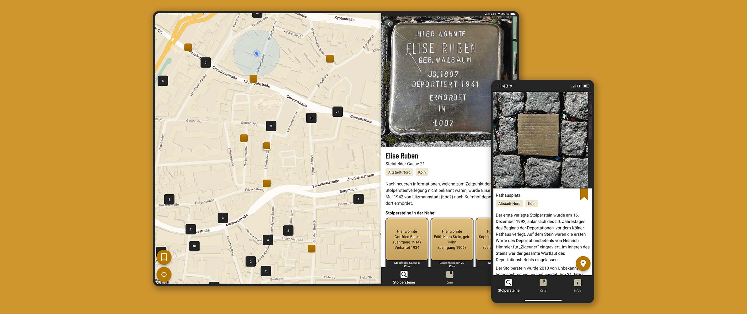 Screenshots der App in der Tablet- und Smartphone-Ansicht. Sie zeigen jeweils ein Foto eines Stolpersteins mit textlicher Erklärung. Das Tablet zeigt zudem eine Umgebungskarte, auf der die Stolpersteine markiert sind.