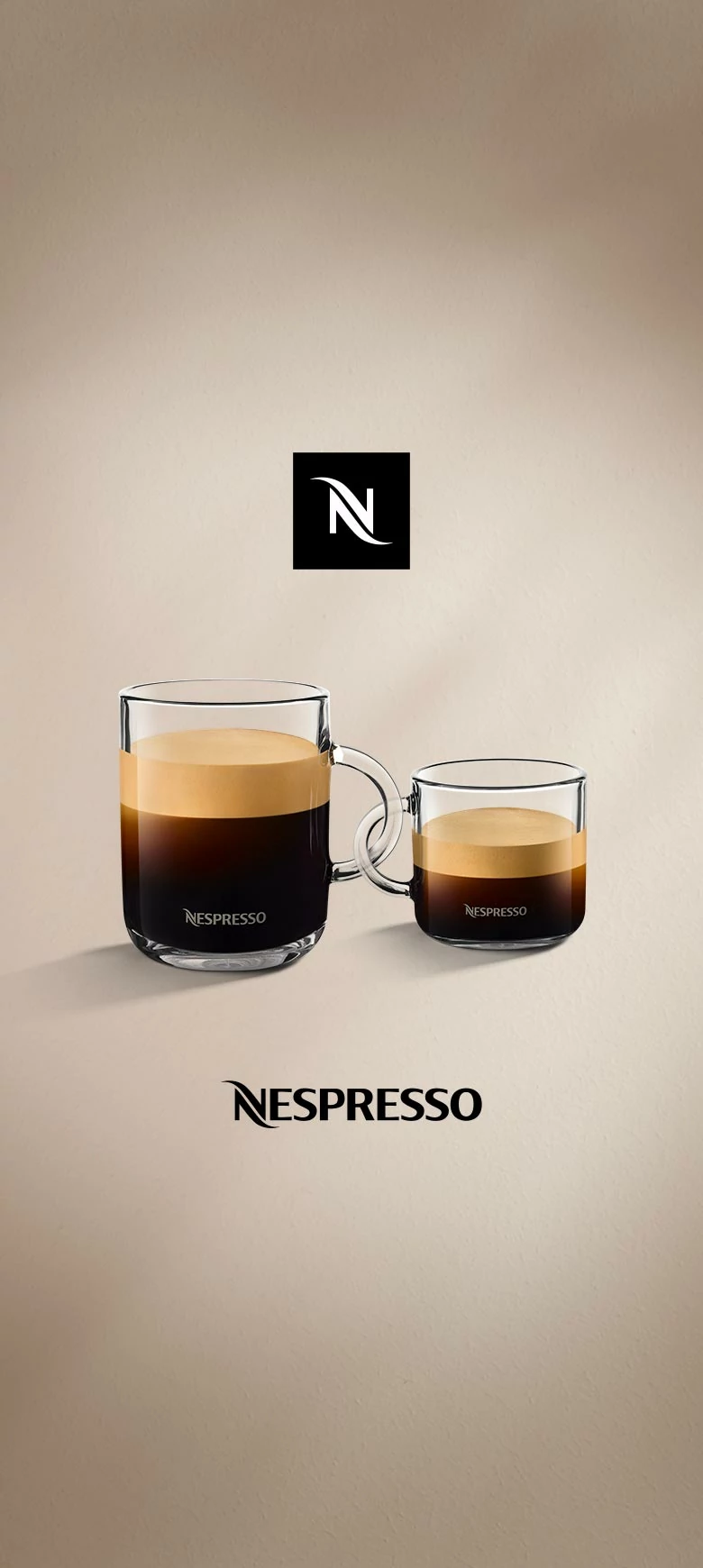 Two glasses of different sizes filled with coffee. The Nespresso signet and logo can be seen above and below.